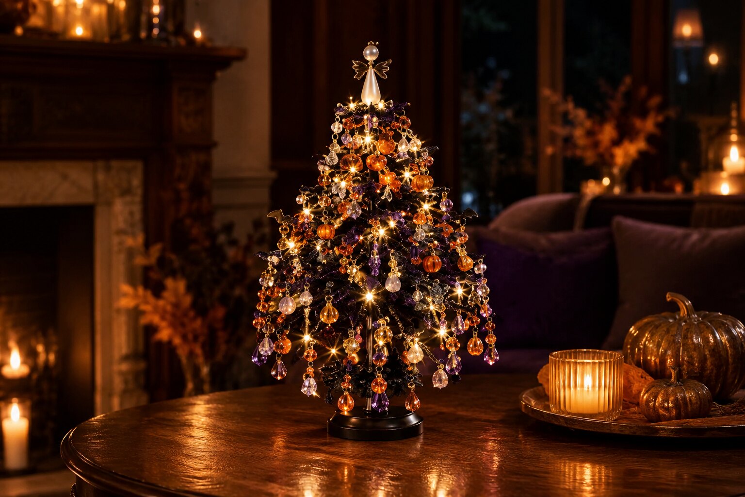The Hallowlight Tree glowing at night
